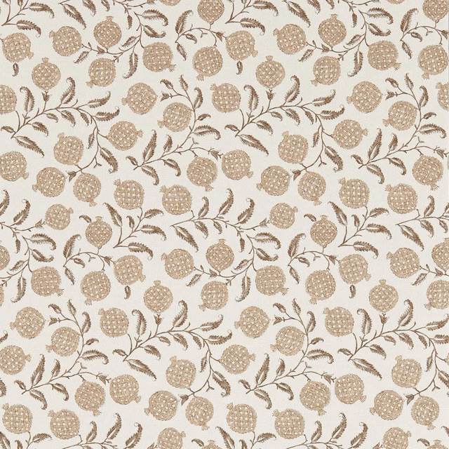 Warm cream wallpaper with taupe pomegranates, curling stems and fine botanical leaves
