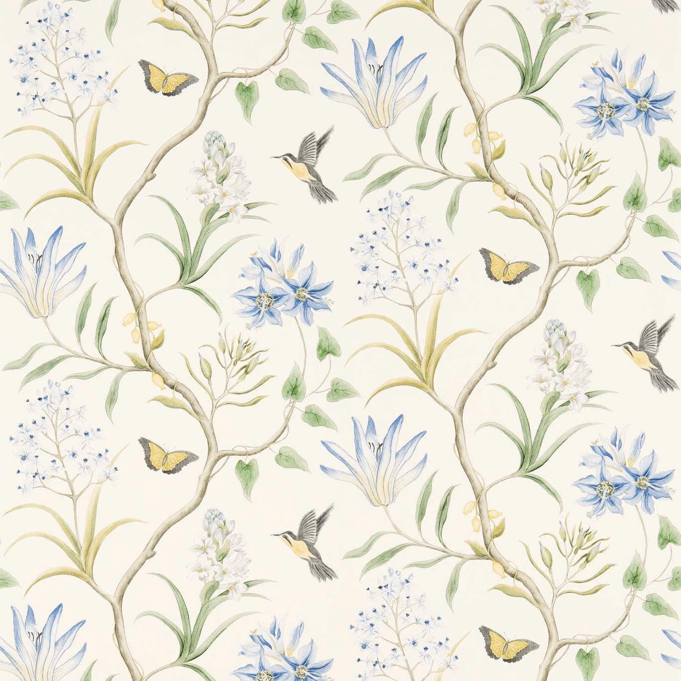 Cream botanical wallpaper with blue flowers, green leaves, yellow butterflies and flying birds