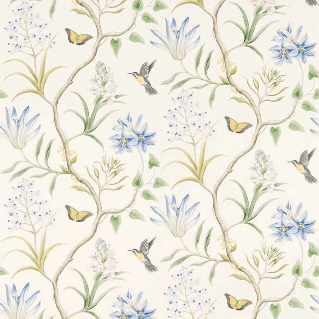 Cream botanical wallpaper with blue flowers, green leaves, yellow butterflies and flying birds