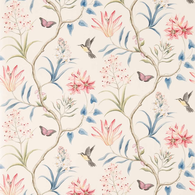 Warm cream botanical wallpaper with pink flowers, blue leaves, birds and butterflies