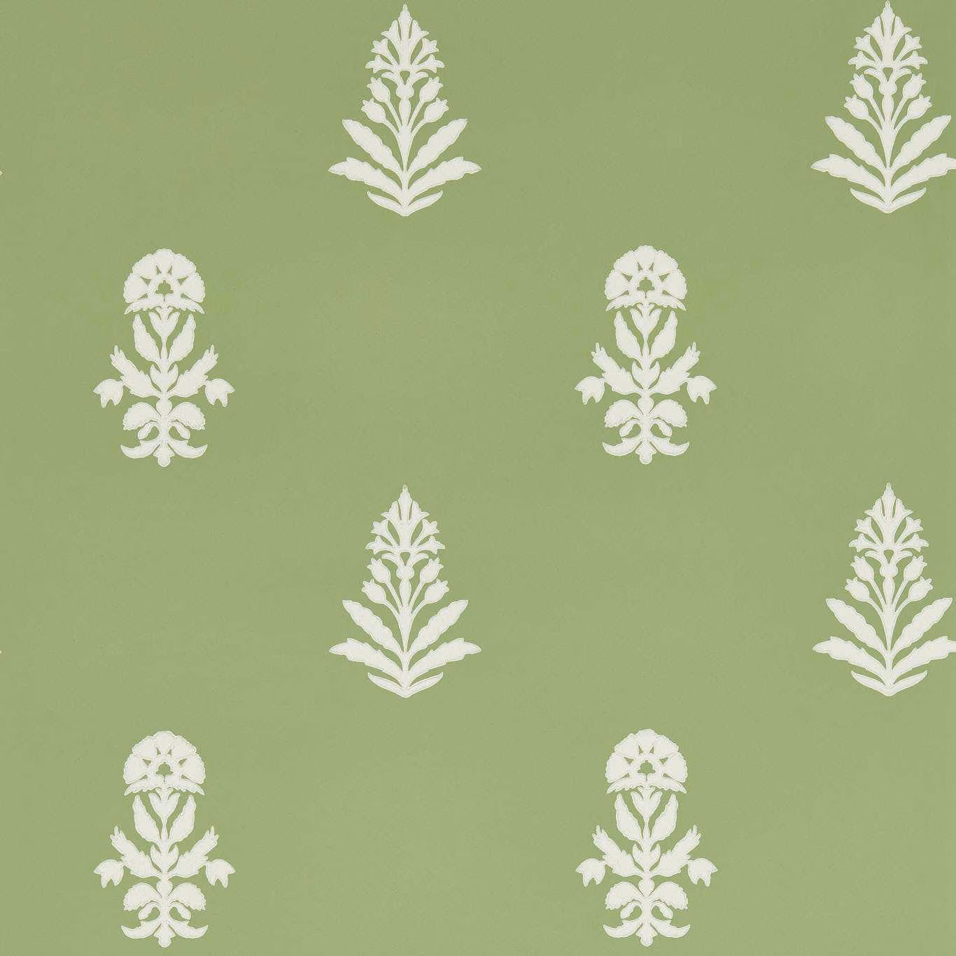 Muted botany green wallpaper with repeating ivory floral and leaf motifs
