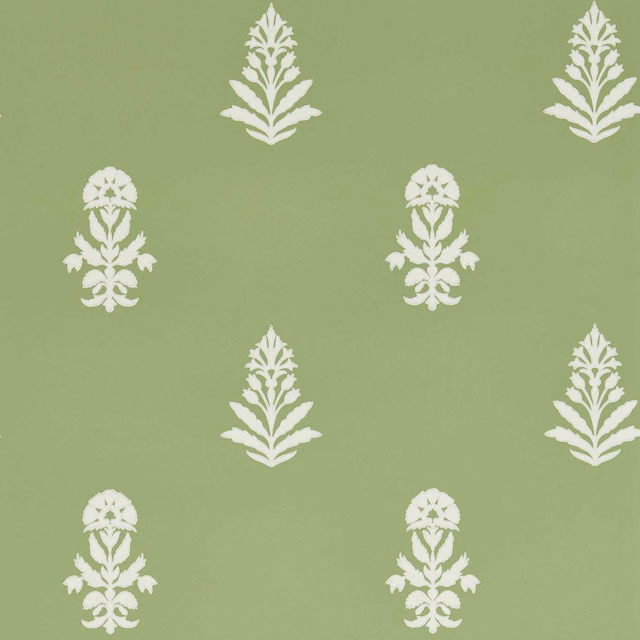 Muted botany green wallpaper with repeating ivory floral and leaf motifs