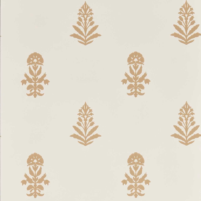 Pale ivory wallpaper with alternating camel floral and leafy motifs