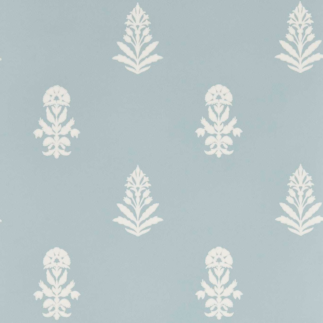 Pale porcelain blue wallpaper with alternating ivory floral sprays and leafy botanical motifs