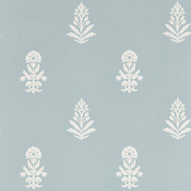 Pale porcelain blue wallpaper with alternating ivory floral sprays and leafy botanical motifs