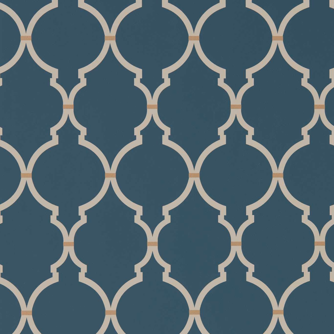 Deep indigo-blue wallpaper with pale linen trellis arches and warm beige joins