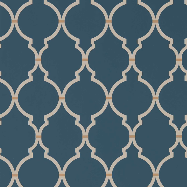 Deep indigo-blue wallpaper with pale linen trellis arches and warm beige joins