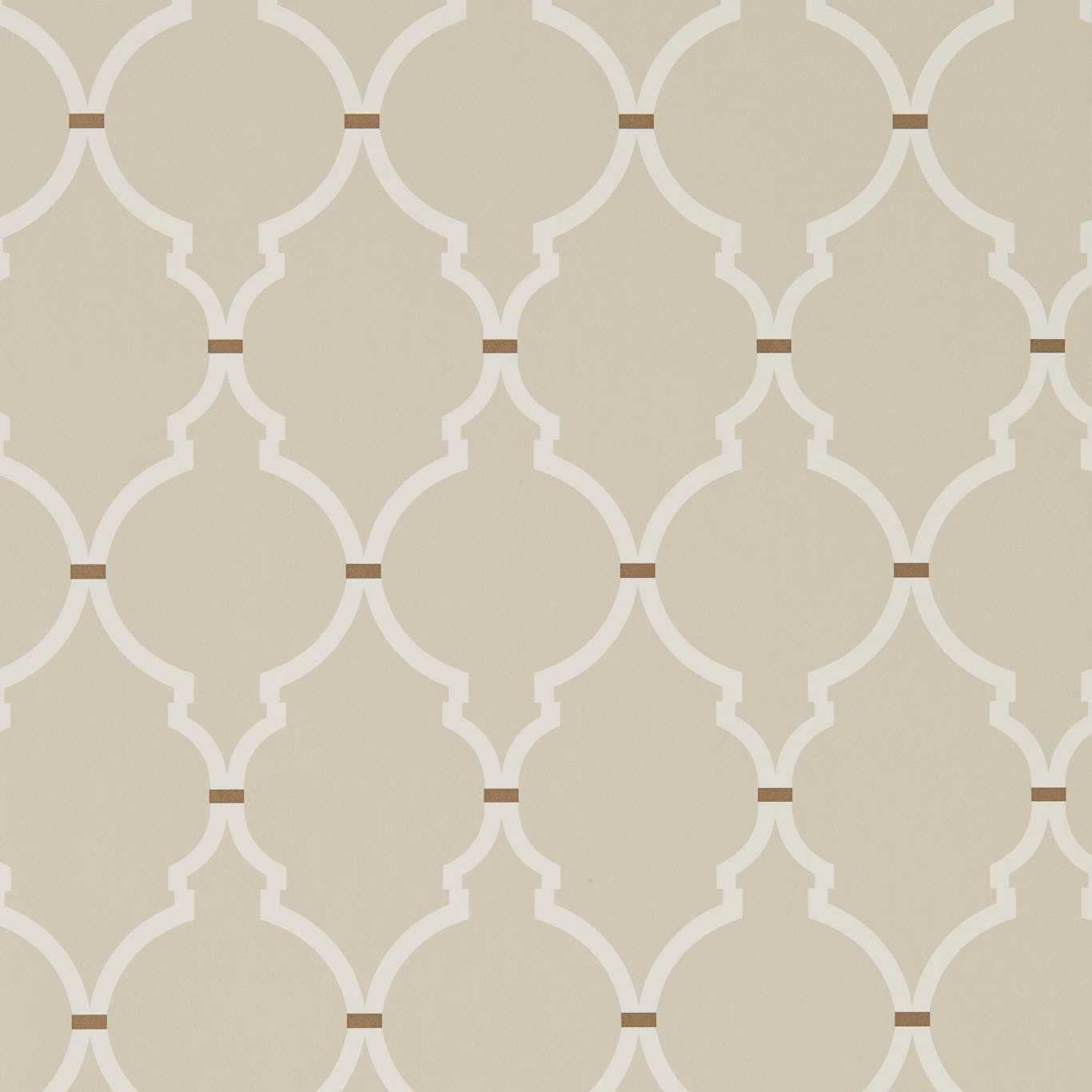Linen-cream wallpaper with ivory trellis shapes and small brown junction bars
