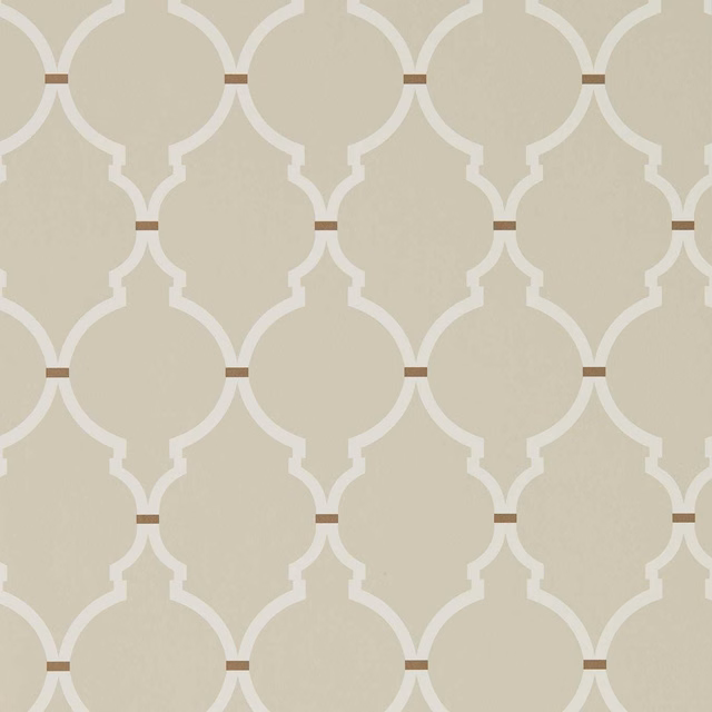 Linen-cream wallpaper with ivory trellis shapes and small brown junction bars