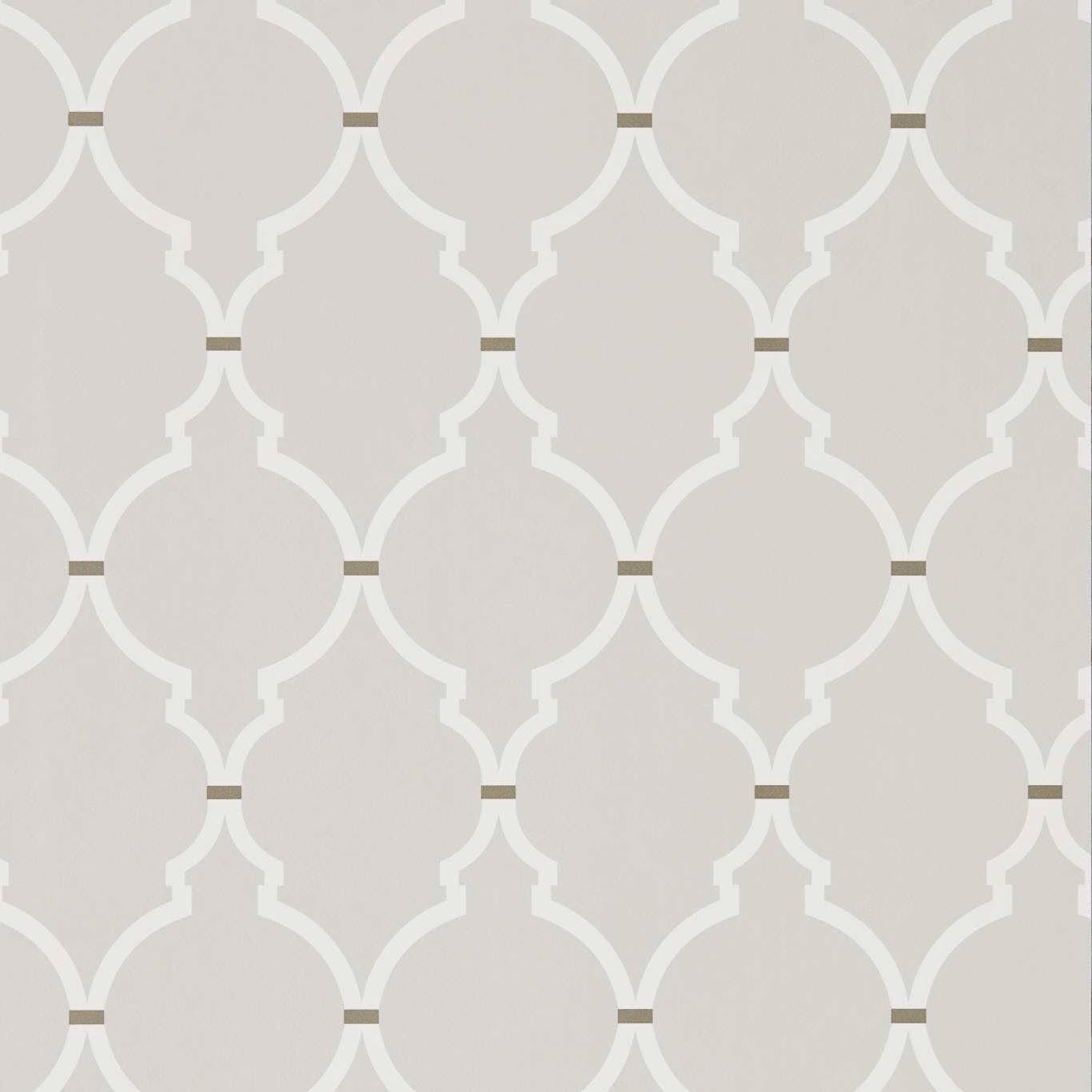 Soft silver-grey wallpaper with ivory trellis and tiny taupe connector bars