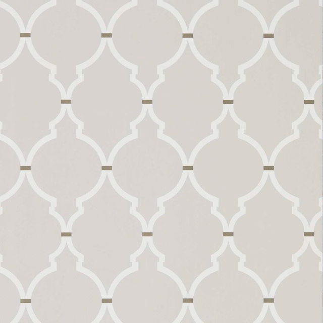 Soft silver-grey wallpaper with ivory trellis and tiny taupe connector bars