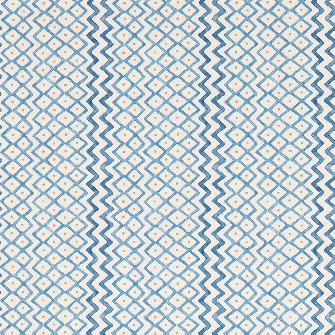 Cool indigo and woad zigzags frame cream diamond lattice with ochre dots