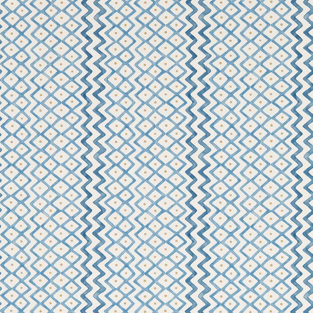 Cool indigo and woad zigzags frame cream diamond lattice with ochre dots