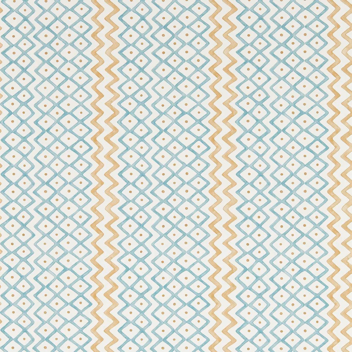 Pale aqua diamond lattice and tan zigzags on a cream wallpaper ground