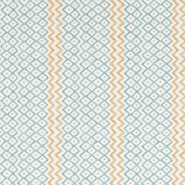 Pale aqua diamond lattice and tan zigzags on a cream wallpaper ground