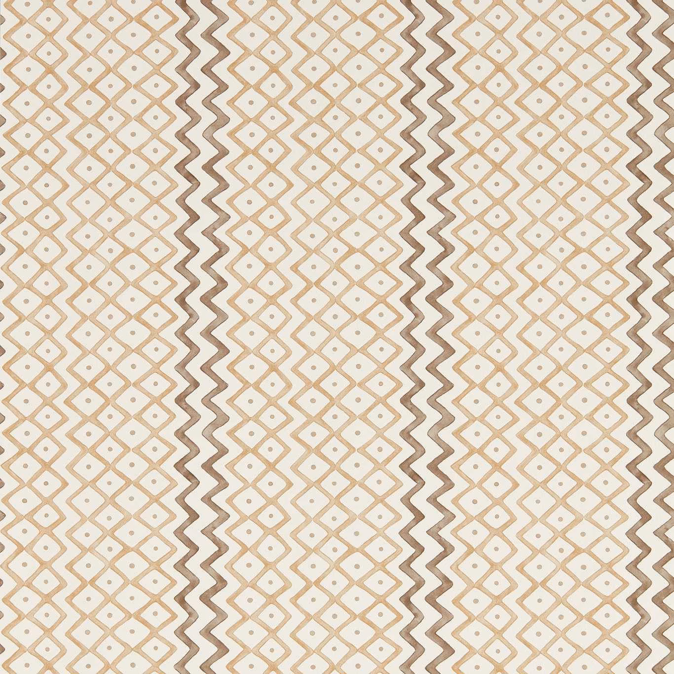 Beige wallpaper with cocoa zigzags, diamond columns and tiny central dots