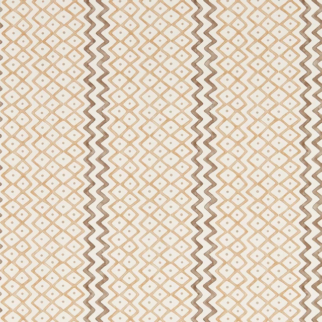Beige wallpaper with cocoa zigzags, diamond columns and tiny central dots