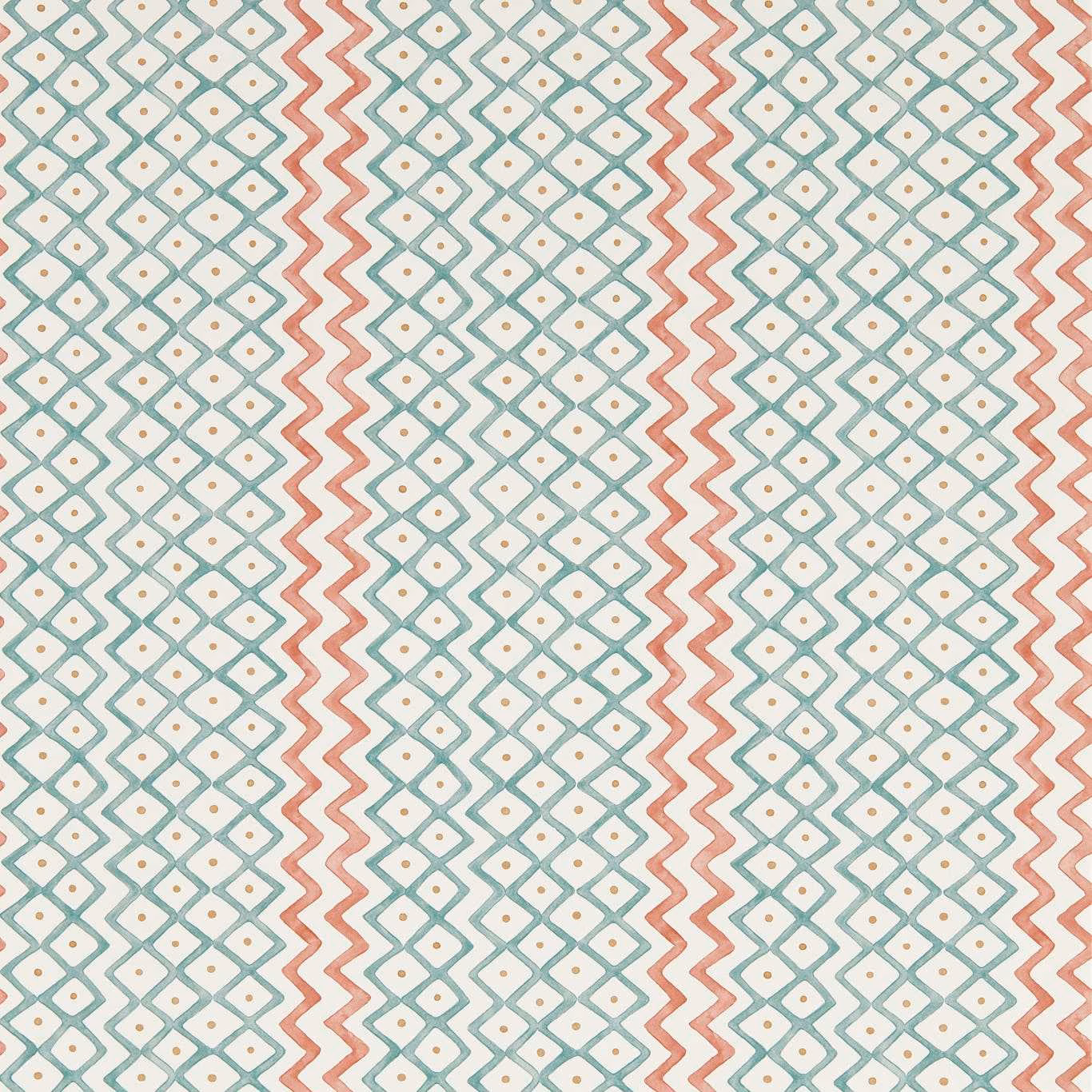 Ivory wallpaper with pale aqua diamond bands and coral zigzag stripes