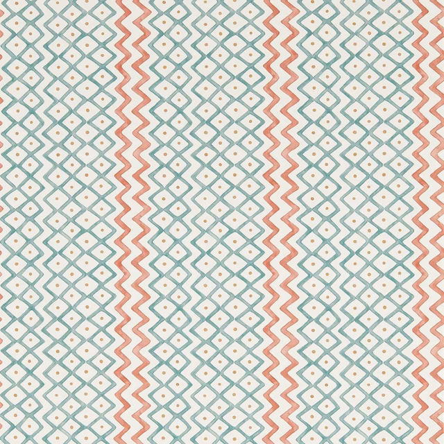 Ivory wallpaper with pale aqua diamond bands and coral zigzag stripes