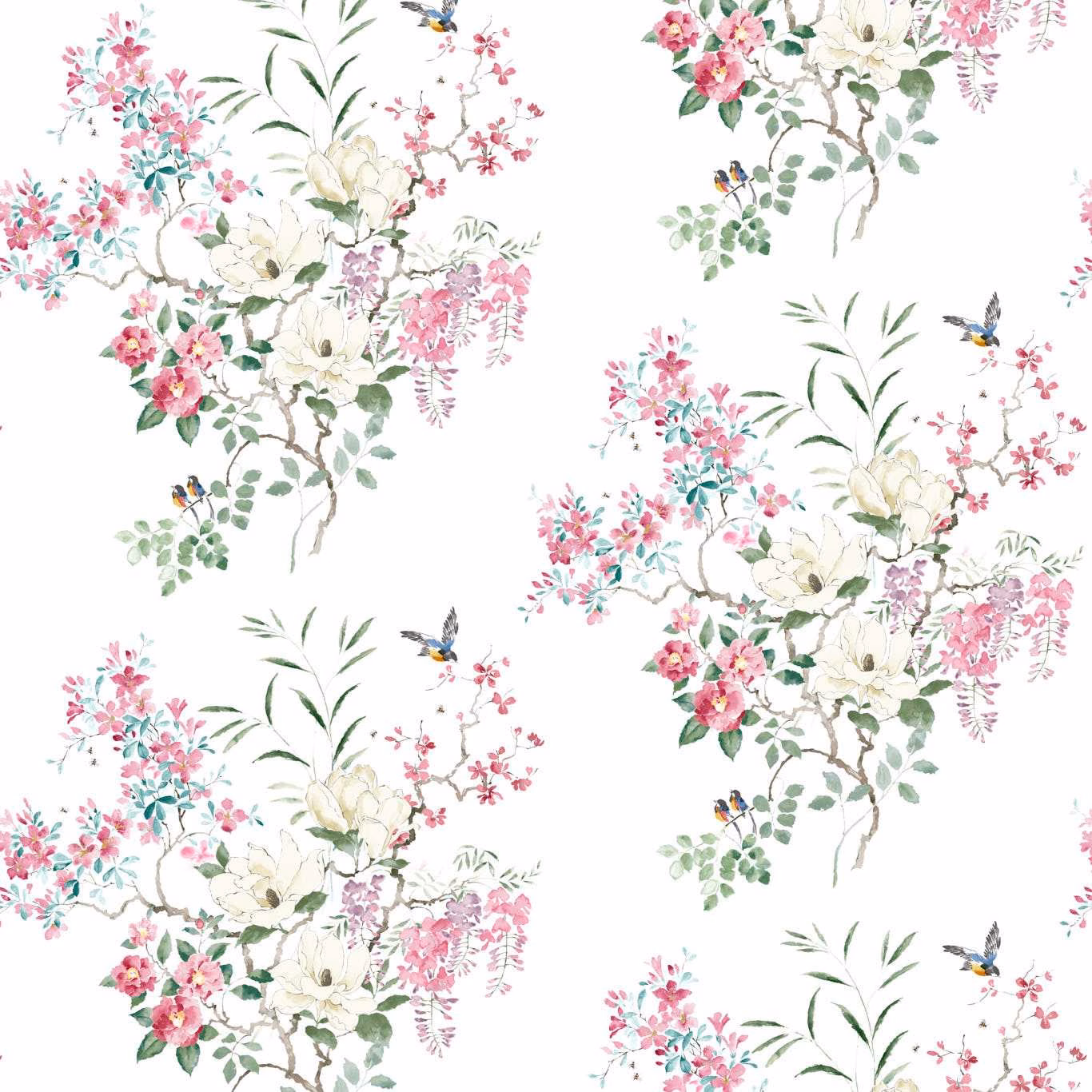 White wallpaper with pink, teal and green bouquets, cream flowers and tiny birds