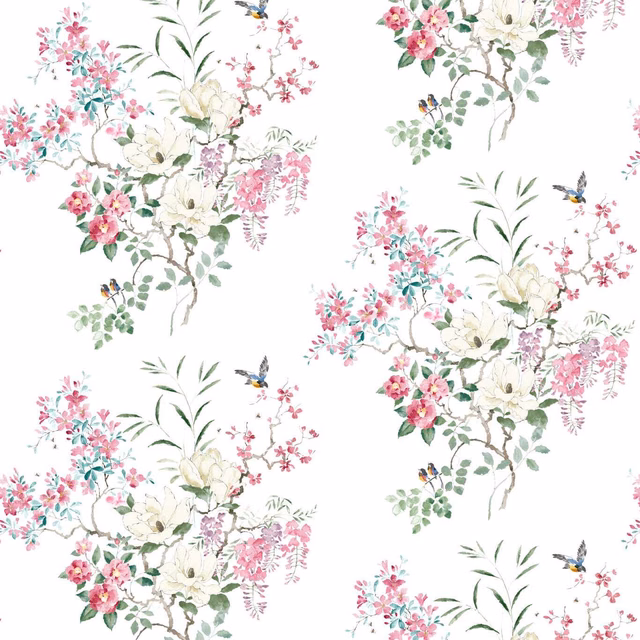 White wallpaper with pink, teal and green bouquets, cream flowers and tiny birds