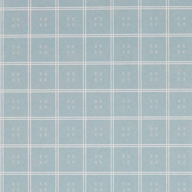 Pale porcelain blue-green wallpaper with white grid and tiny dotted square motifs