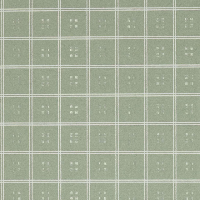 Muted seafoam wallpaper with white double grid lines and tiny dotted square motifs