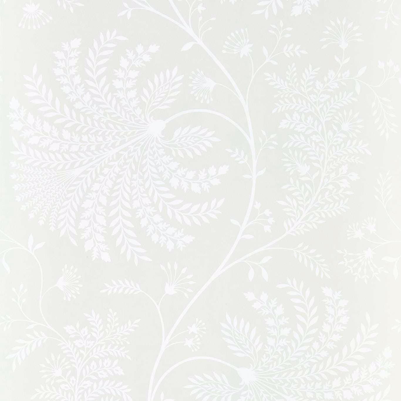 Pale chalk wallpaper with white branching botanical sprays, leaves and delicate flowers