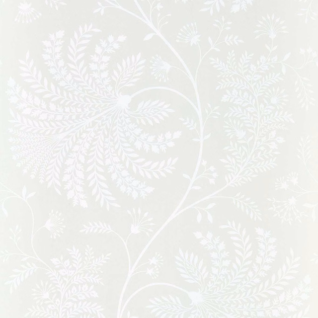 Pale chalk wallpaper with white branching botanical sprays, leaves and delicate flowers