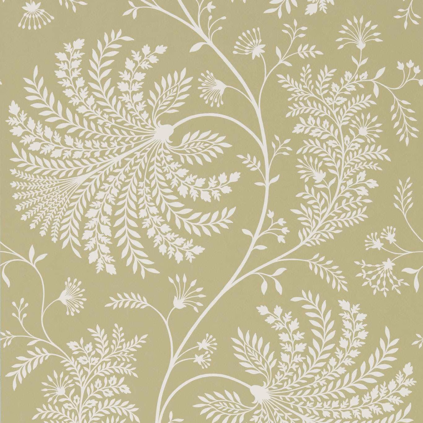Muted olive-green wallpaper with intricate cream botanical sprays and sweeping stems