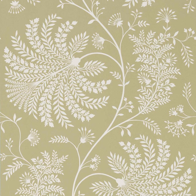 Muted olive-green wallpaper with intricate cream botanical sprays and sweeping stems