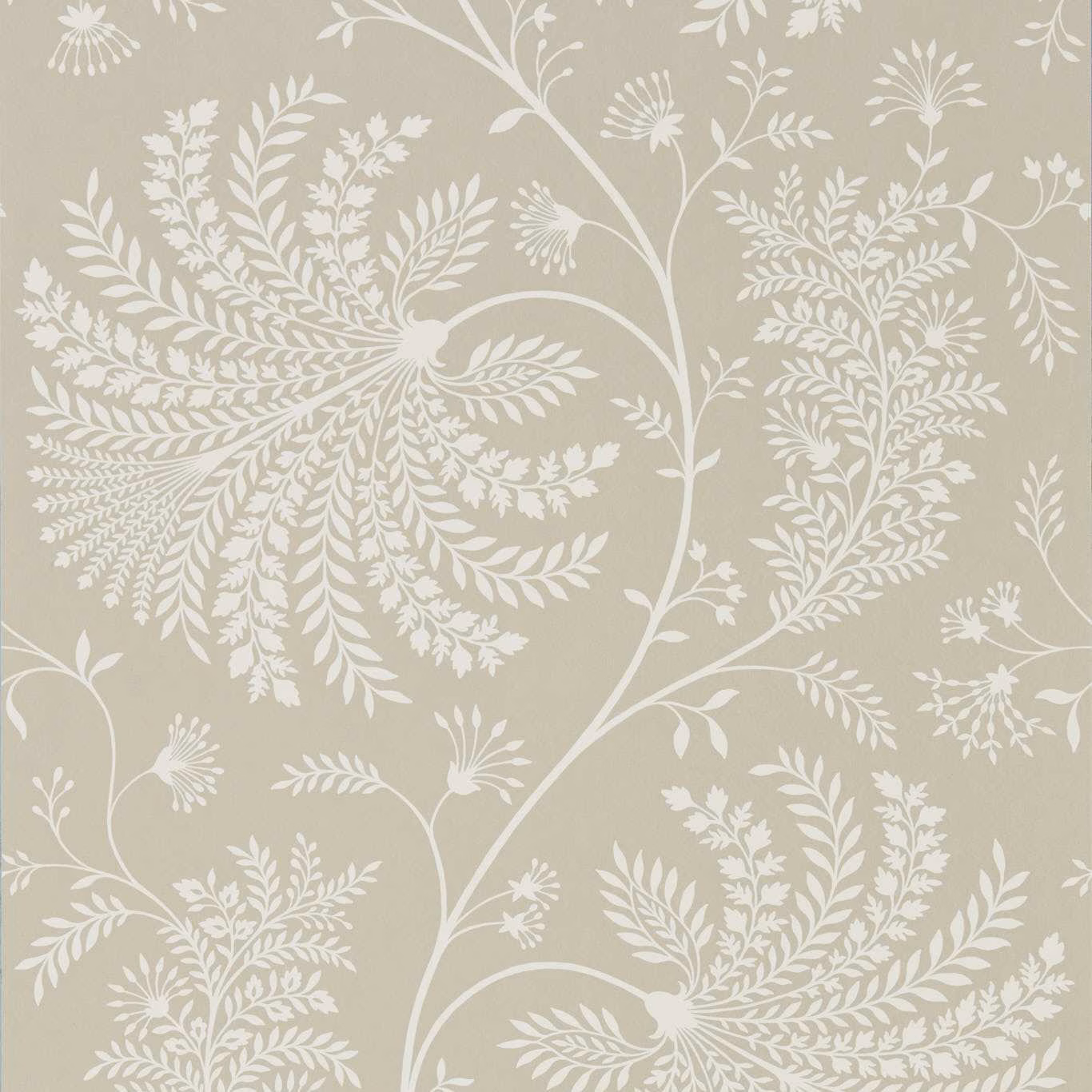 Warm greige wallpaper with cream fern fronds, flowering sprigs and scrolling botanical stems