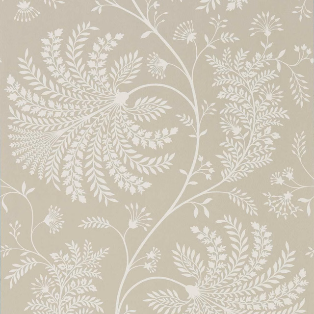 Warm greige wallpaper with cream fern fronds, flowering sprigs and scrolling botanical stems
