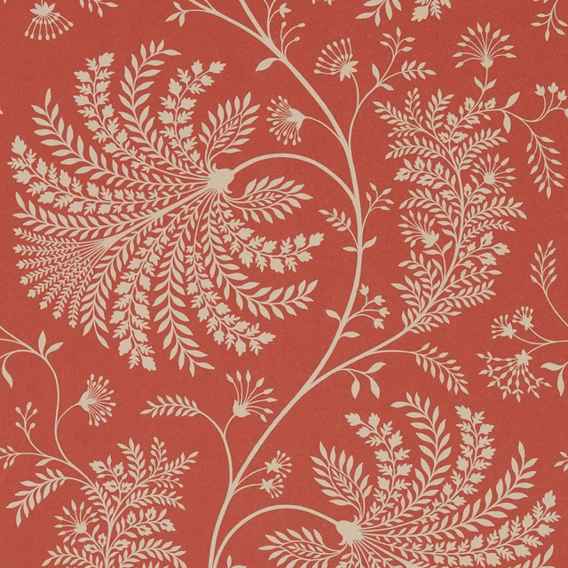 Russet-red wallpaper with cream fern sprays, flowering stems and sweeping botanical branches