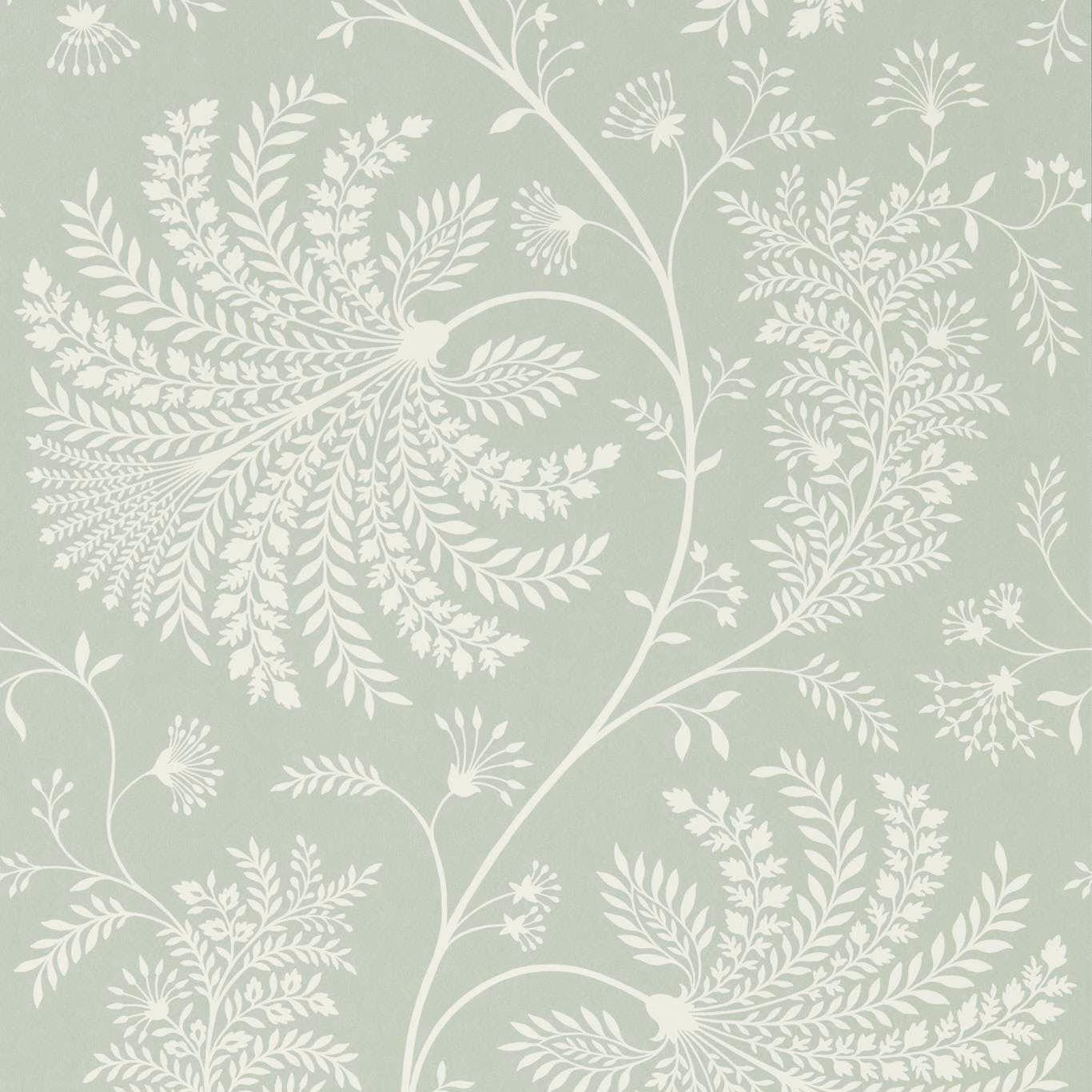 Soft sage wallpaper with cream feathery botanical sprays and sweeping stems