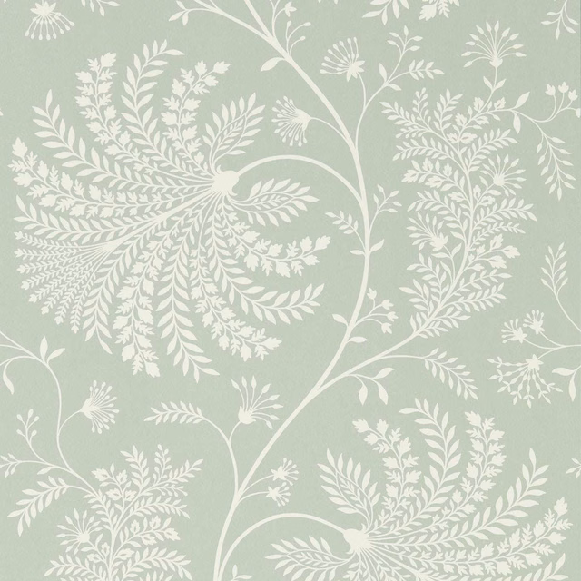 Soft sage wallpaper with cream feathery botanical sprays and sweeping stems