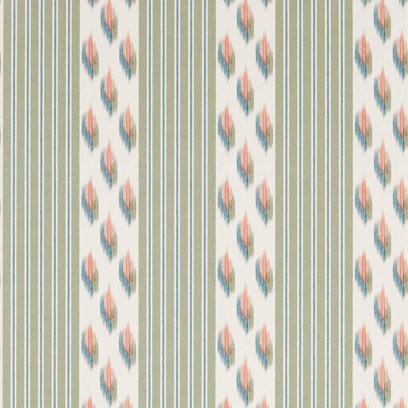 Sage and ivory striped wallpaper with coral and blue-grey ikat motifs