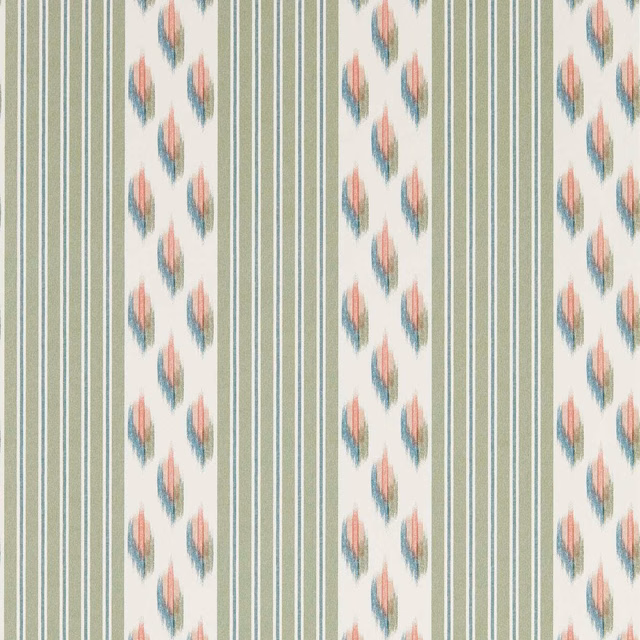 Sage and ivory striped wallpaper with coral and blue-grey ikat motifs