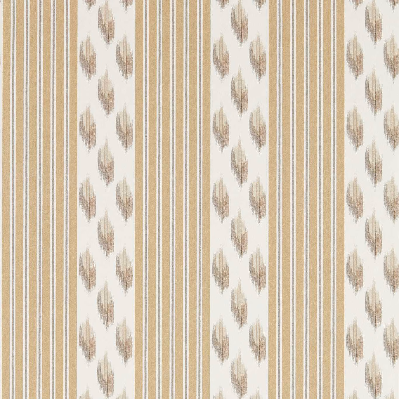 Warm beige wallpaper with taupe ikat motifs and fine vertical stripes