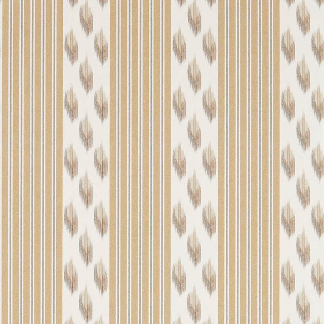 Warm beige wallpaper with taupe ikat motifs and fine vertical stripes