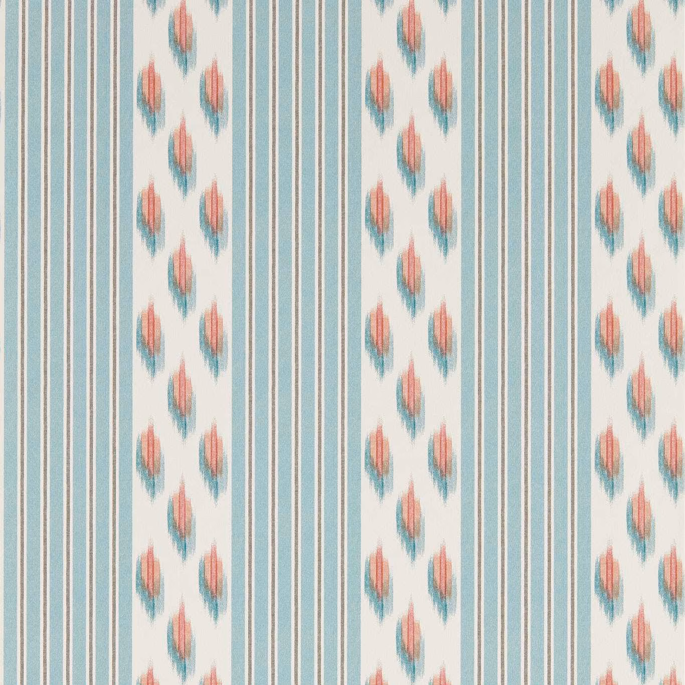 Mineral blue striped wallpaper with coral ikat motifs on a cream ground