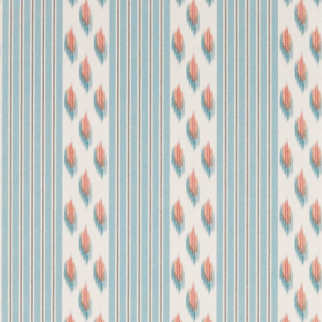 Mineral blue striped wallpaper with coral ikat motifs on a cream ground