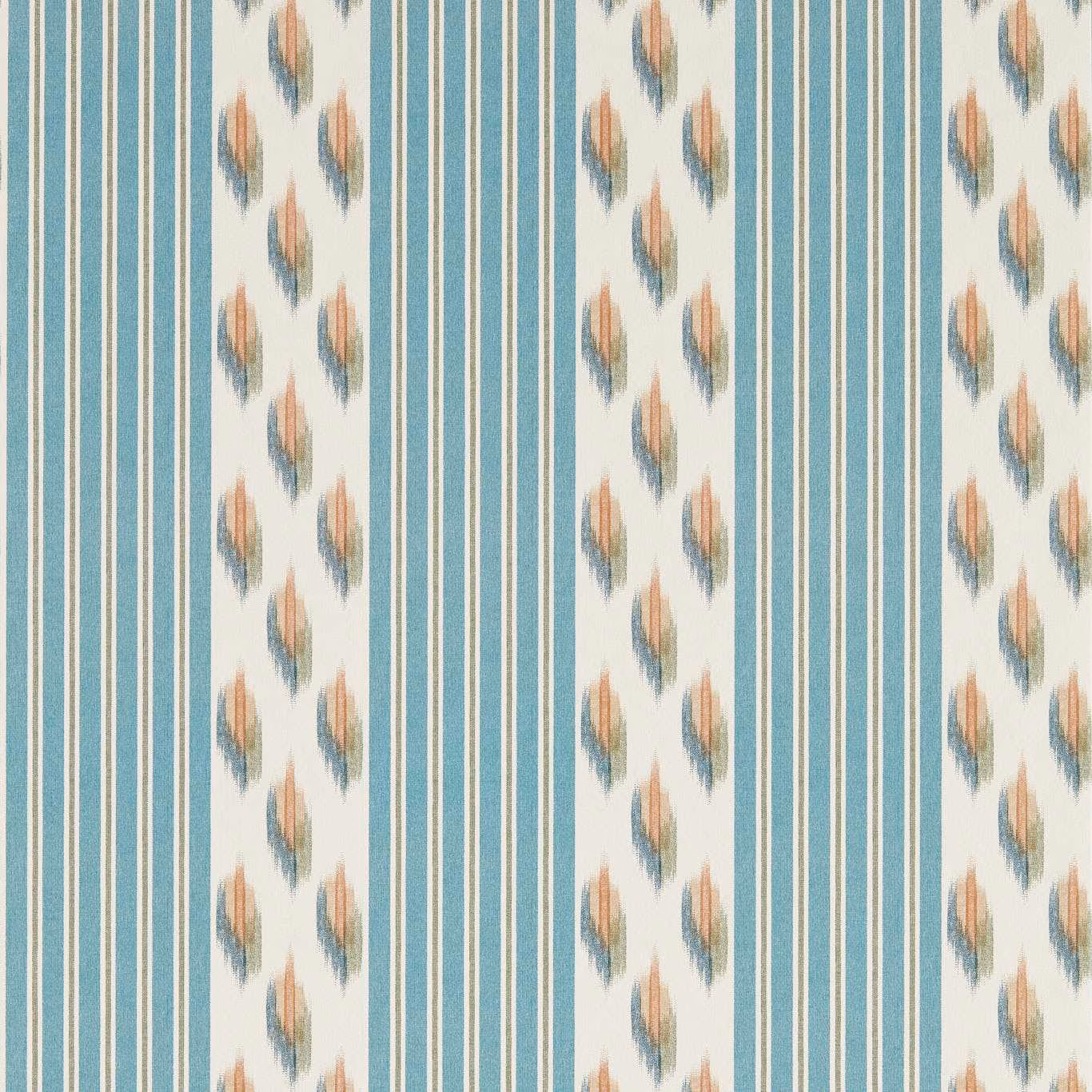 Dusty blue vertical stripes with cinnamon ikat motifs on an ivory ground
