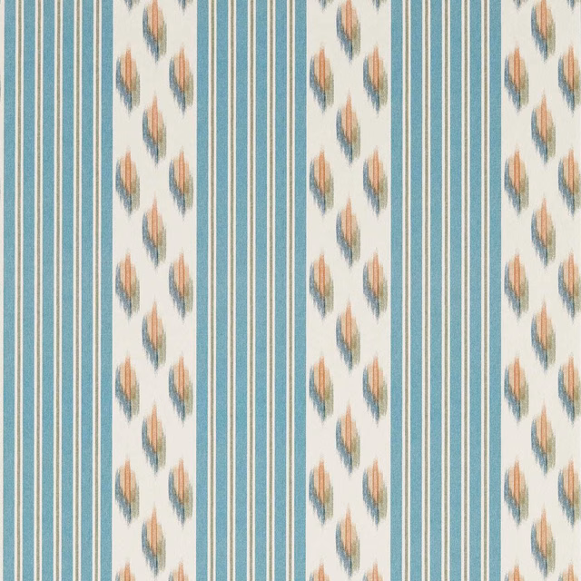Dusty blue vertical stripes with cinnamon ikat motifs on an ivory ground