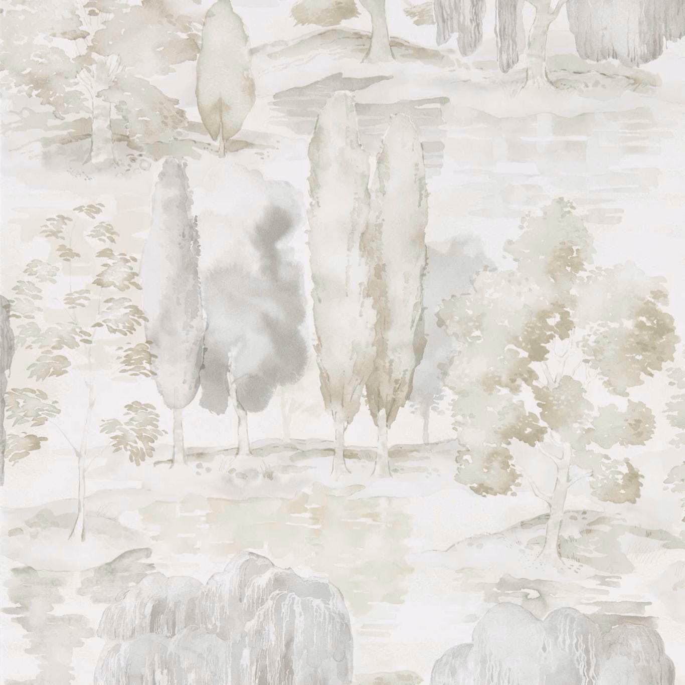 Ivory and stone wallpaper showing pale trees, water and softly painted woodland foliage