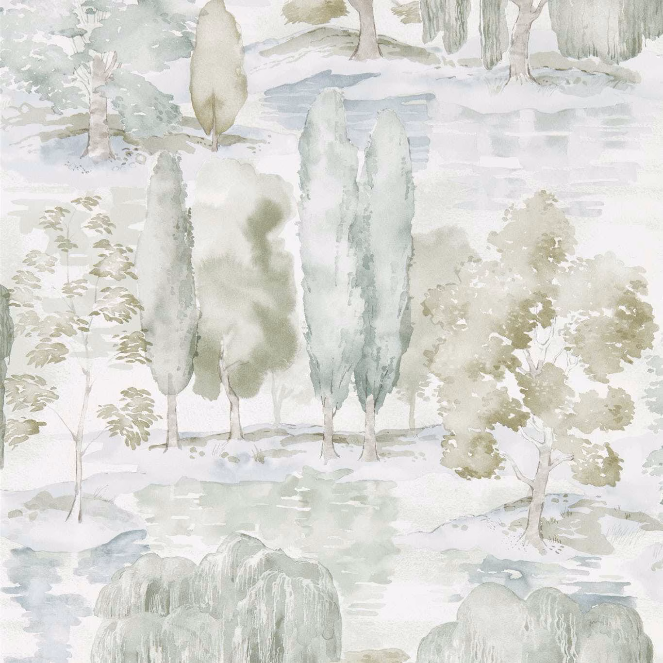 Pale sage and olive watercolour woodland wallpaper with willows and reflective pools