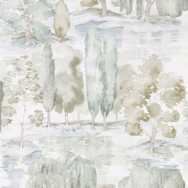 Pale sage and olive watercolour woodland wallpaper with willows and reflective pools