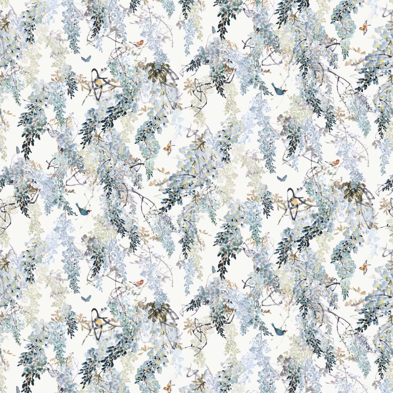 Pale aqua botanical wallpaper with trailing branches, birds and delicate leafy sprays