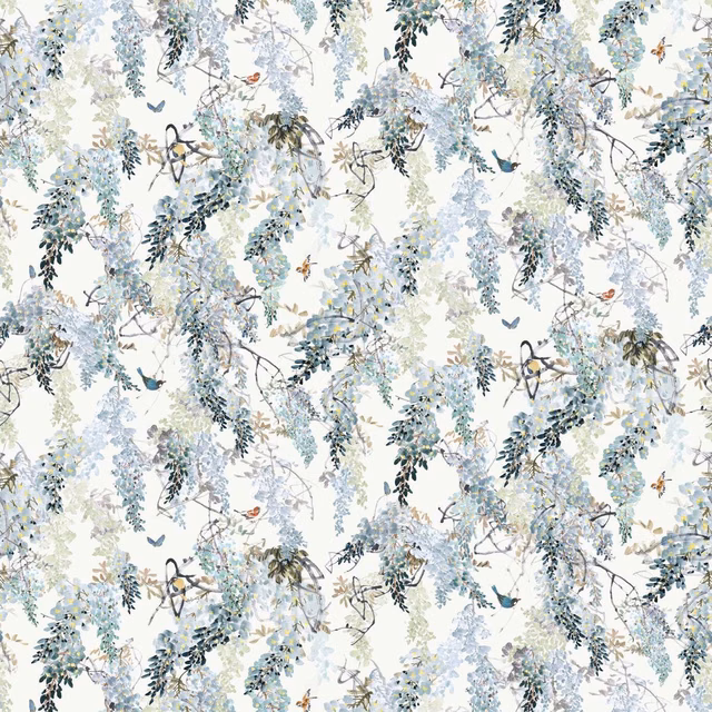 Pale aqua botanical wallpaper with trailing branches, birds and delicate leafy sprays