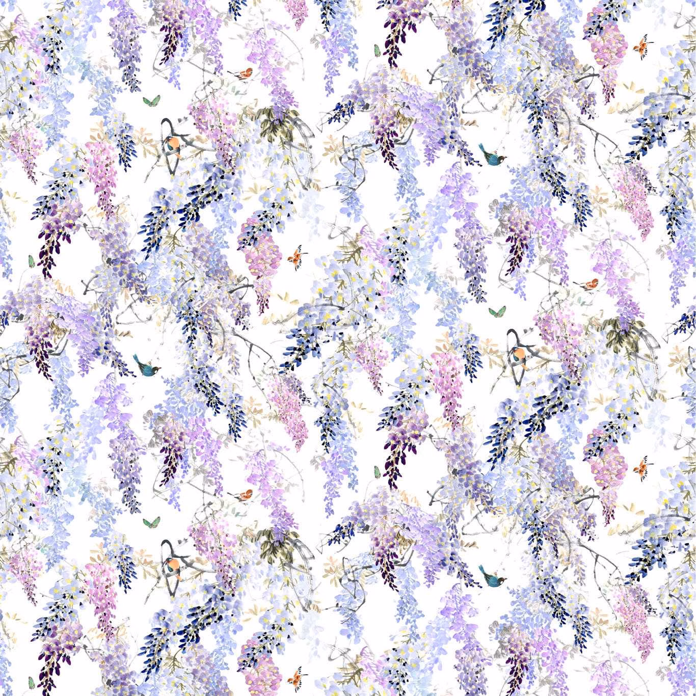 Pale lilac wisteria cascades with birds and butterflies across a white ground